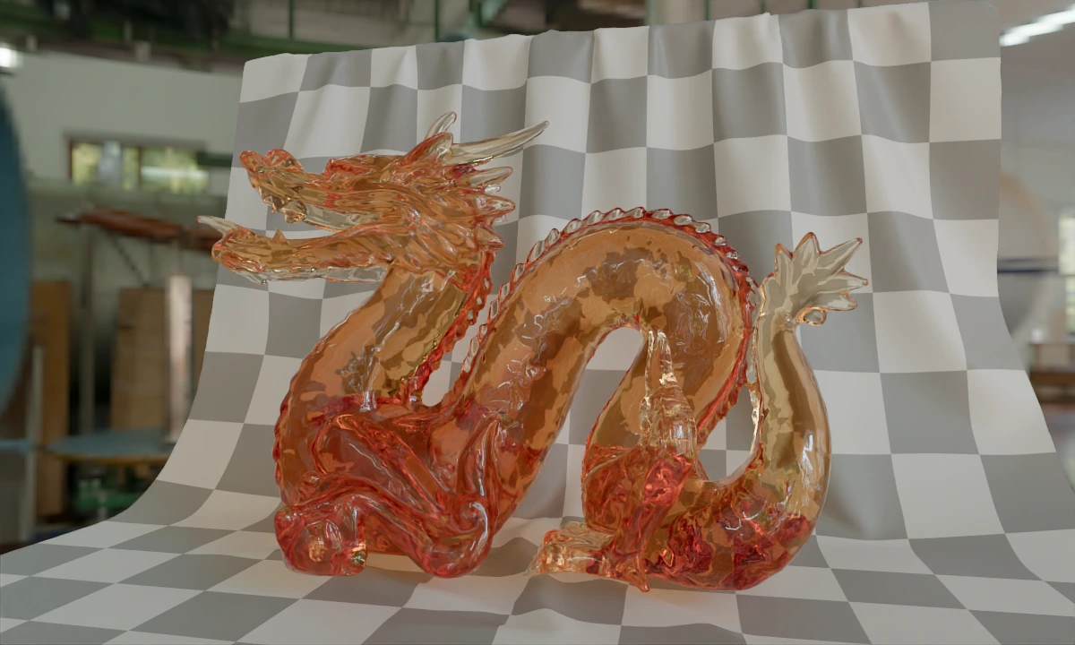 AgX tone-mapped path-traced reference of the amber Dragon Attenuation model in a bright workshop HDR