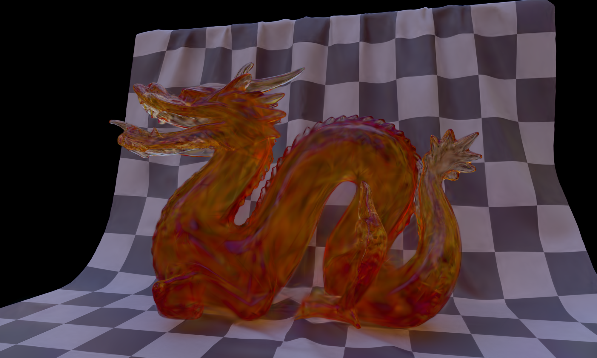 Front three-quarter Gaussian splat render of an amber transmissive dragon